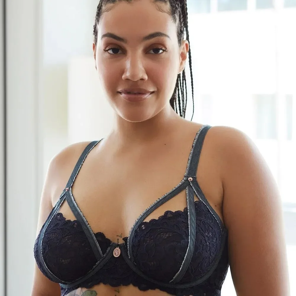 Savage X Fenty Framed In Denim Unlined Demi Bra Size 36D in Navy Blue NWT